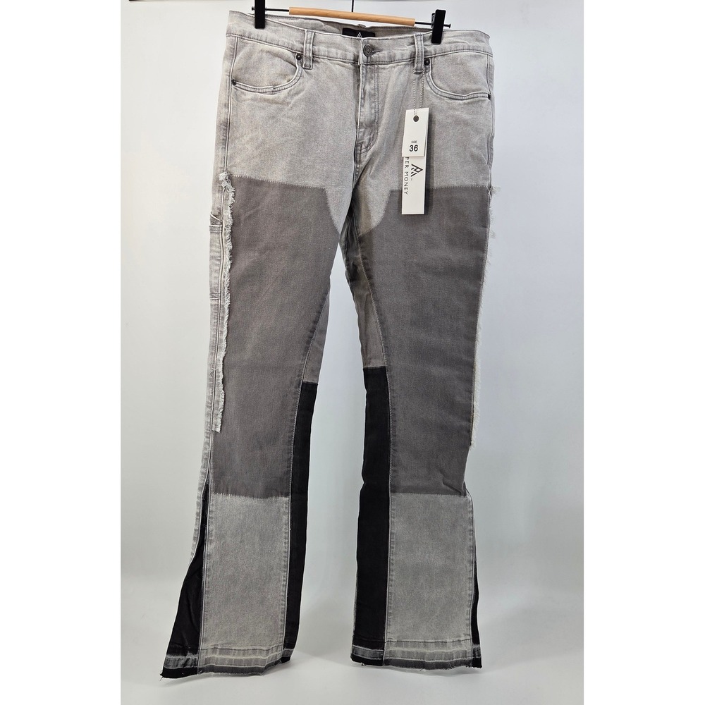 Paper Money Patchwork Jeans Men Size 36 Grey Carpenter Distressed Streetwear Y2K